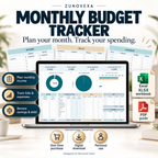 Monthly Budget Tracker product overview — illustrative mockup with example data, Excel workbook and PDF guide