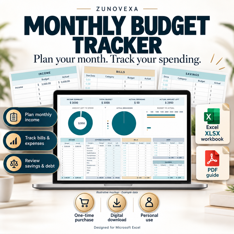 Monthly Budget illustrative workbook and guide collage