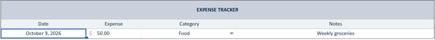 Actual workbook screenshot with fictional example data: $50 Food expense entry