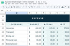Real Google Sheets screenshot: groceries budget $400, actual spending $125, remaining $275. Fictional example data.
