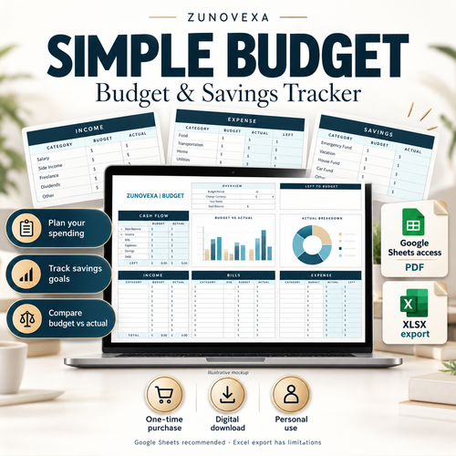 Simple Budget product overview — illustrative mockup, included Google Sheets access PDF and XLSX export